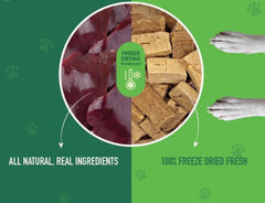 Nutribite beef liver freeze dried meal topper sprinkled on dog bowl.