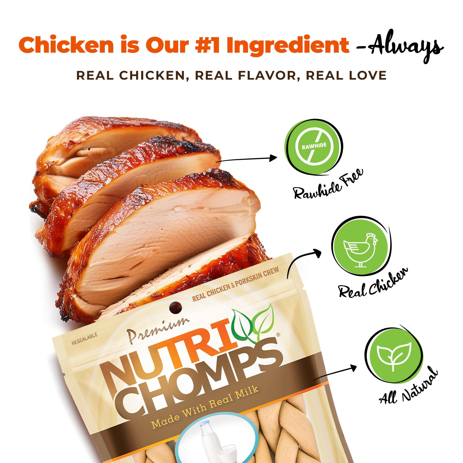 NutriChomps braid close-up showing real chicken and pork skin ingredients