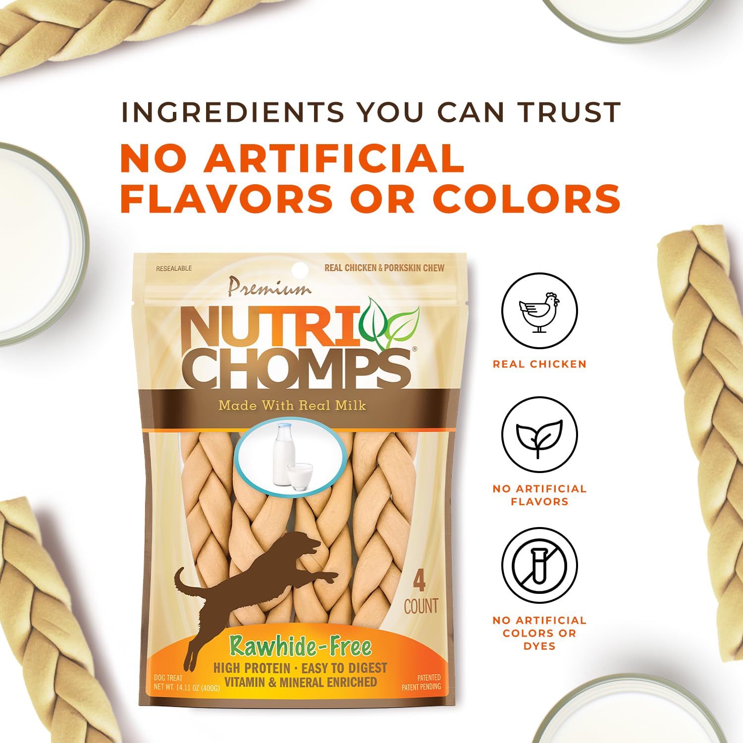 NutriChomps 4-count Milk flavor packaging on display