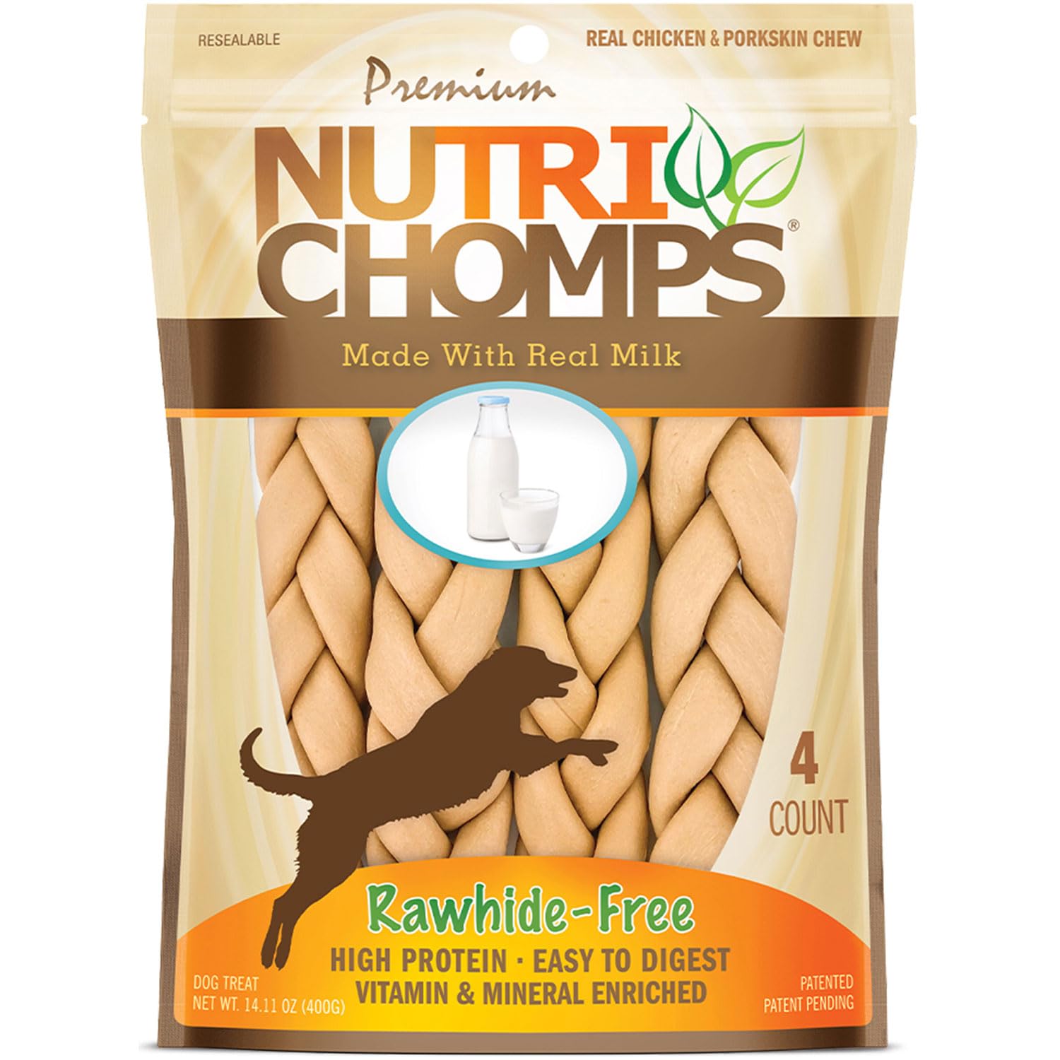 NutriChomps 9-inch braid packaging highlighting rawhide-free, digestible chew