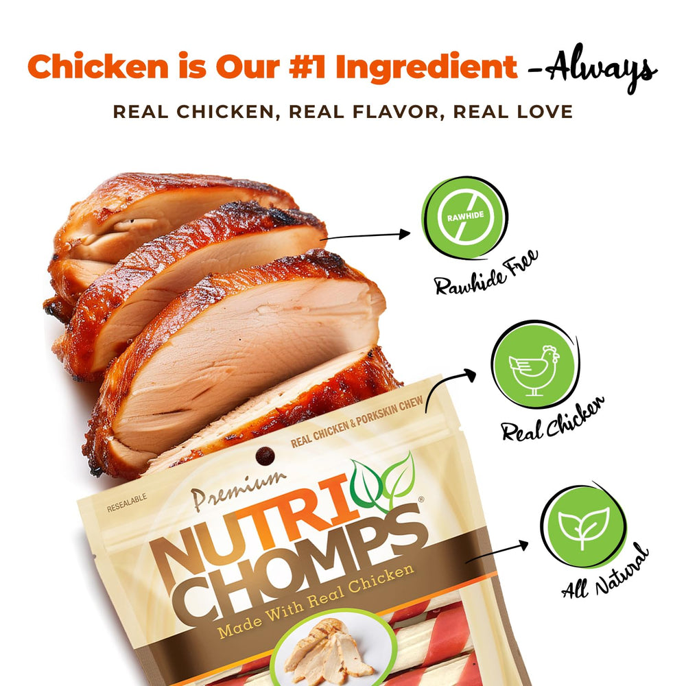 NutriChomps 6-inch twist chew close-up showing real chicken flavor.