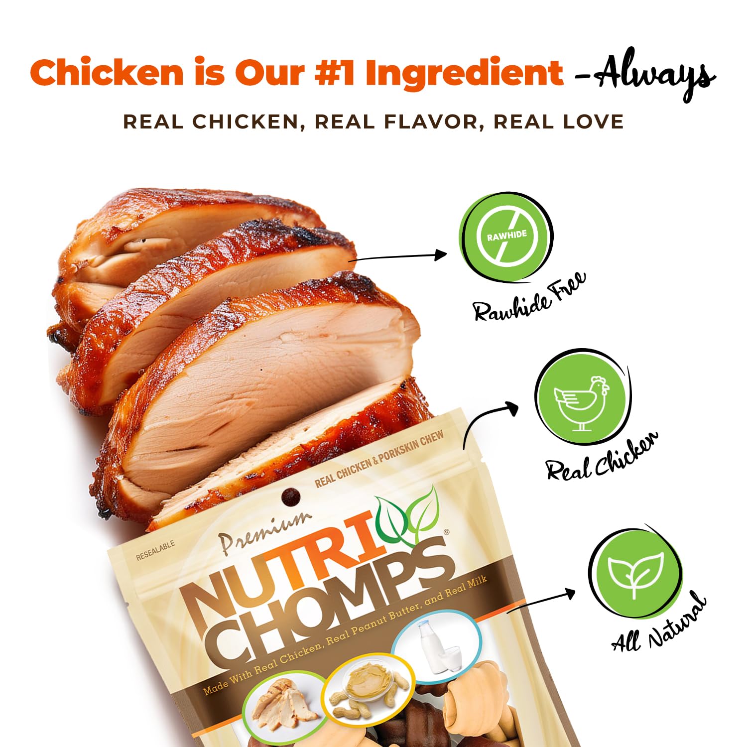 NutriChomps knot chew oven-roasted chicken highlights savory flavor dogs love