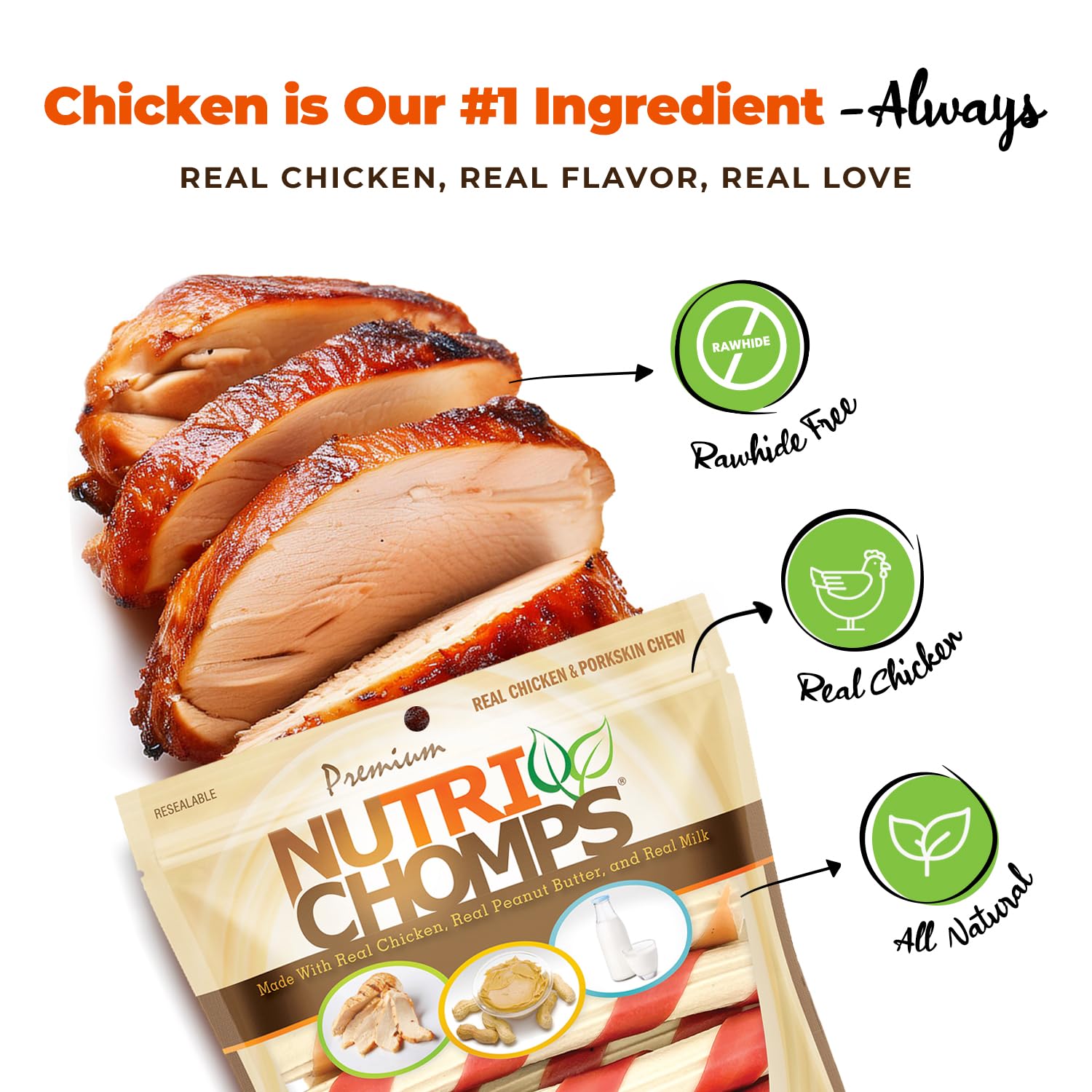 NutriChomps rawhide-free treats promote easy digestion and cleaner teeth during playtime.