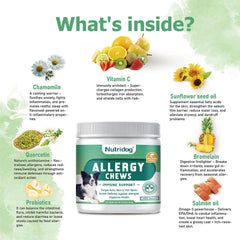 Nutridog Allergy Chews jar close-up highlights ingredients and flavor.