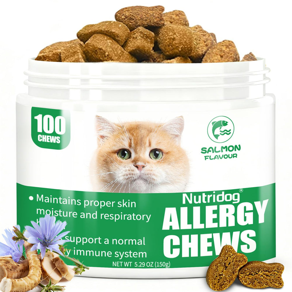 Nutridog cat allergy relief chews bottle label showing daily relief potential