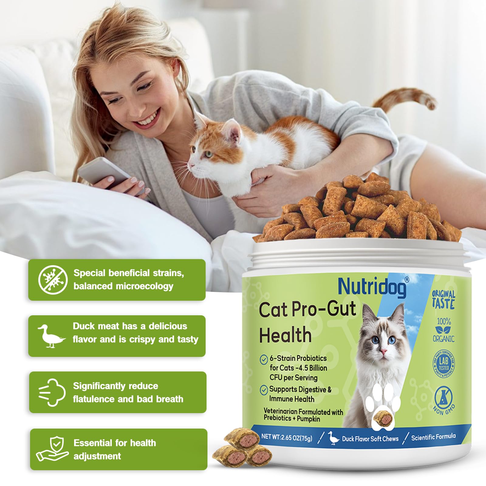 Nutridog Cat Probiotic digestive enzyme and pumpkin defense for hairball relief.
