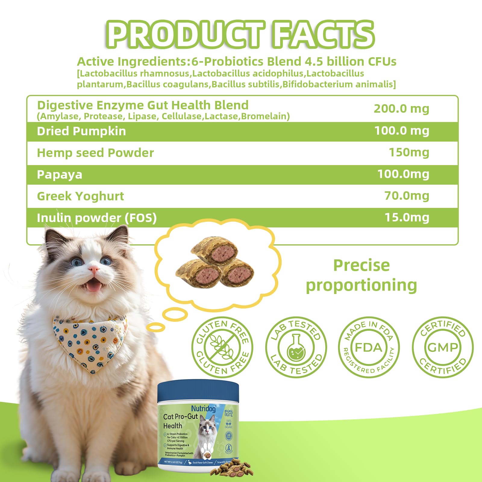 Nutridog Cat Probiotic pumpkin and Greek yogurt ingredients for natural flavor.