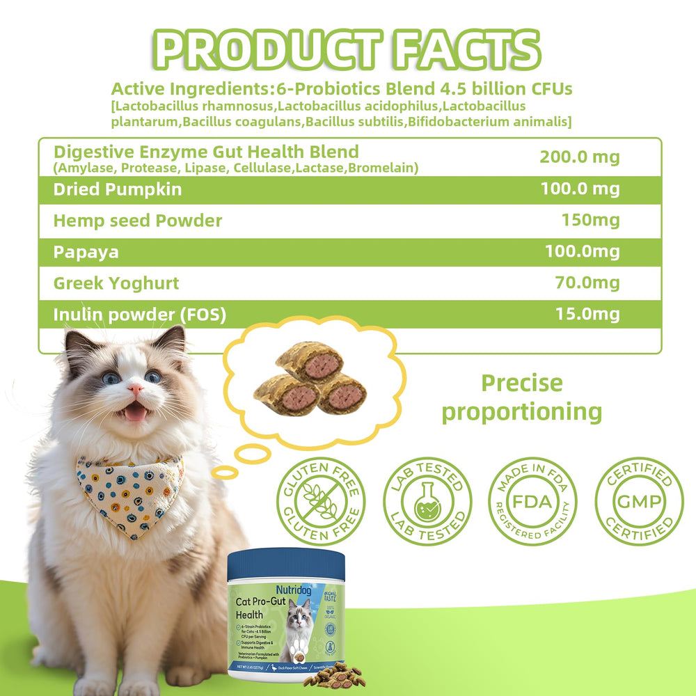 Nutridog Cat Probiotic pumpkin and Greek yogurt ingredients for natural flavor.