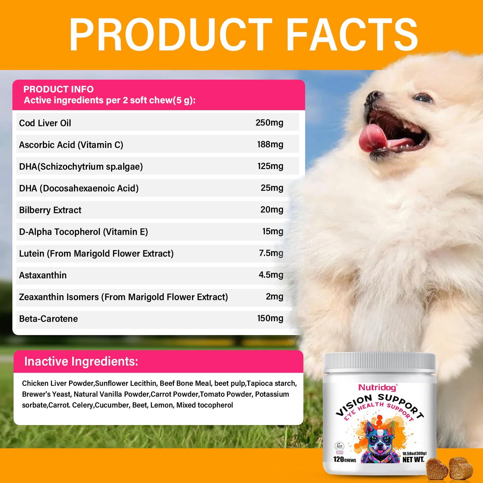 Nutridog DHA from algae shown as retinal support ingredient