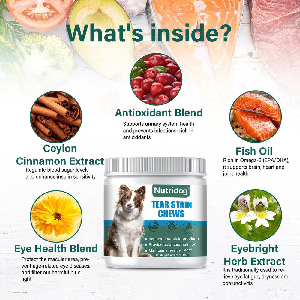 Nutridog Tear Stain Chews close-up; beef-flavored treats support tear stain care.