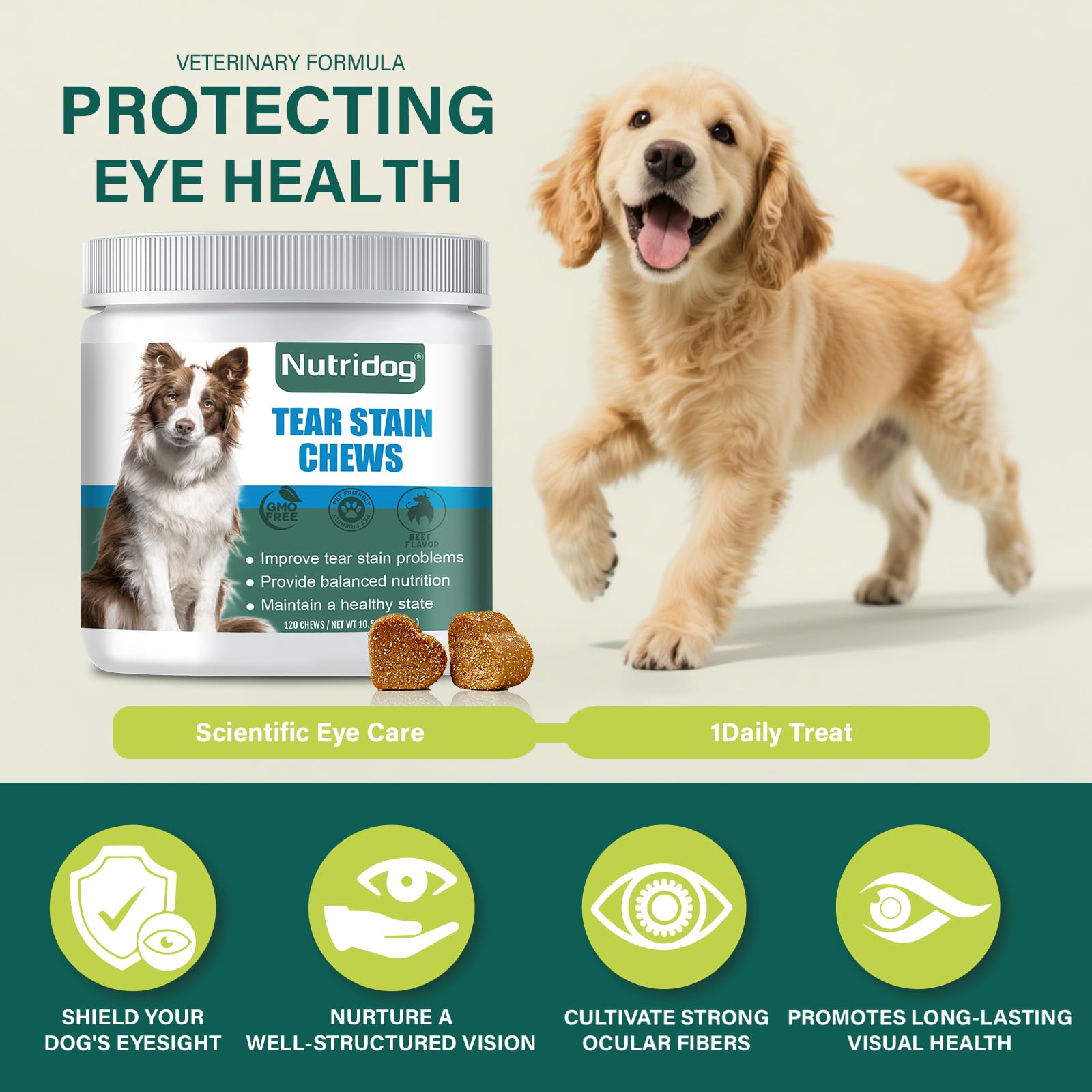 Nutridog chews show Cran-Max antioxidants for stain-support potential.