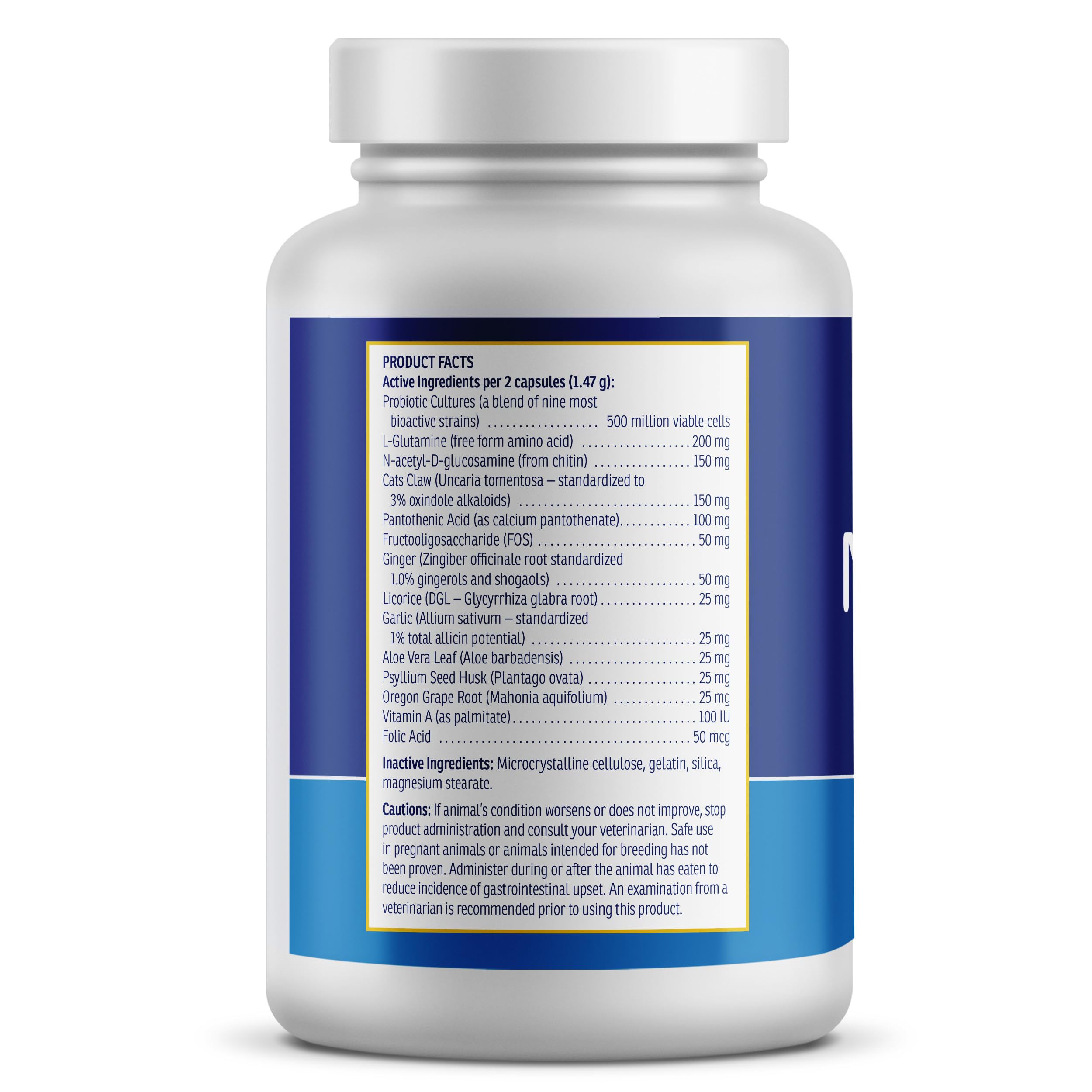 NutriGest ingredients highlight glucosamine and probiotics for gut resilience.