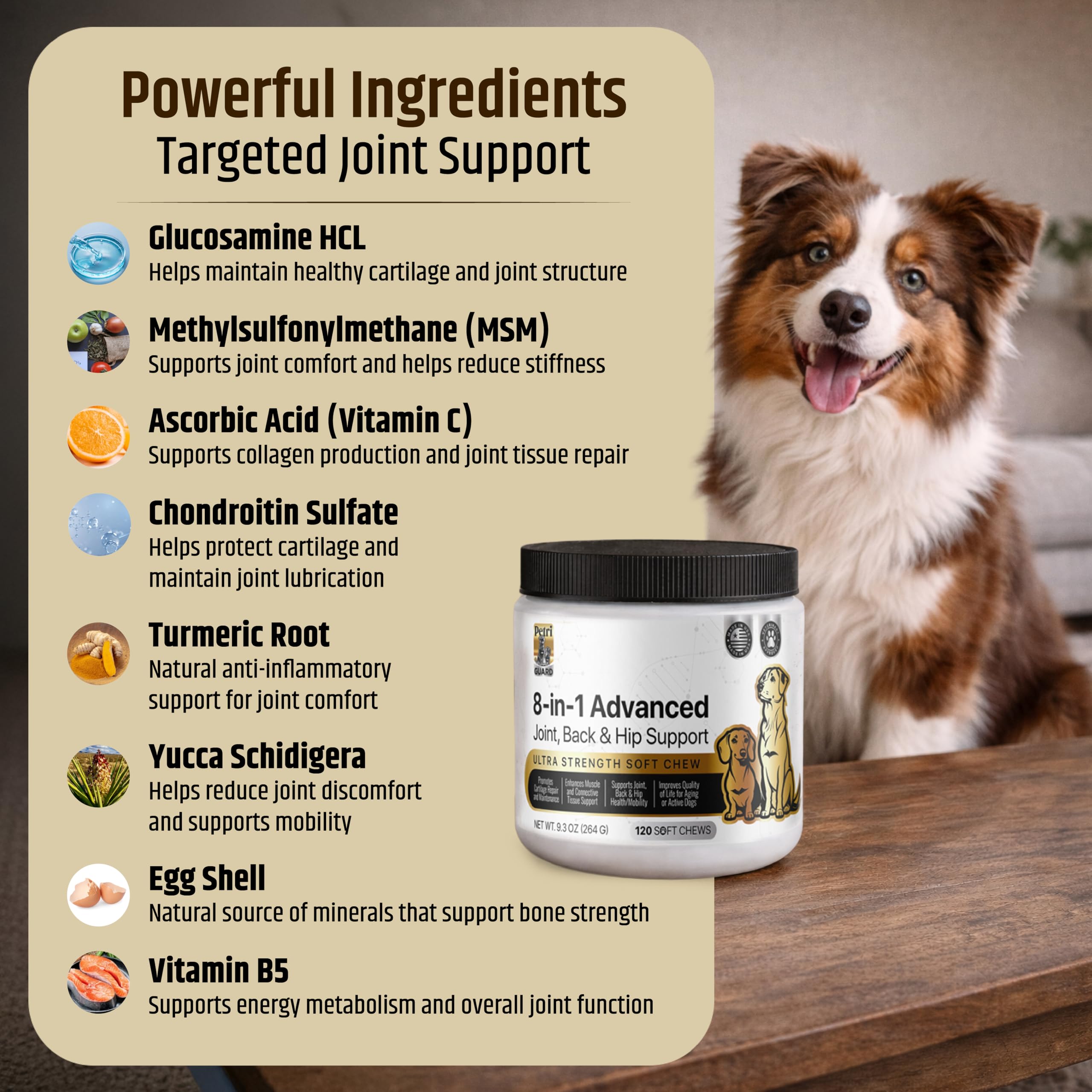 Nutrimend IQ PetriGuard label close-up with eight actives highlighted.
