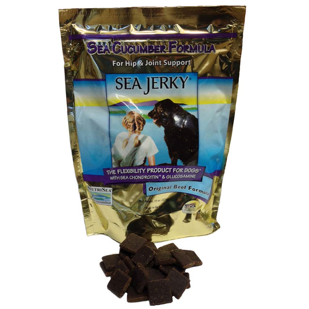 NutriSea Sea Jerky Bag front view, supports joint flexibility for dogs