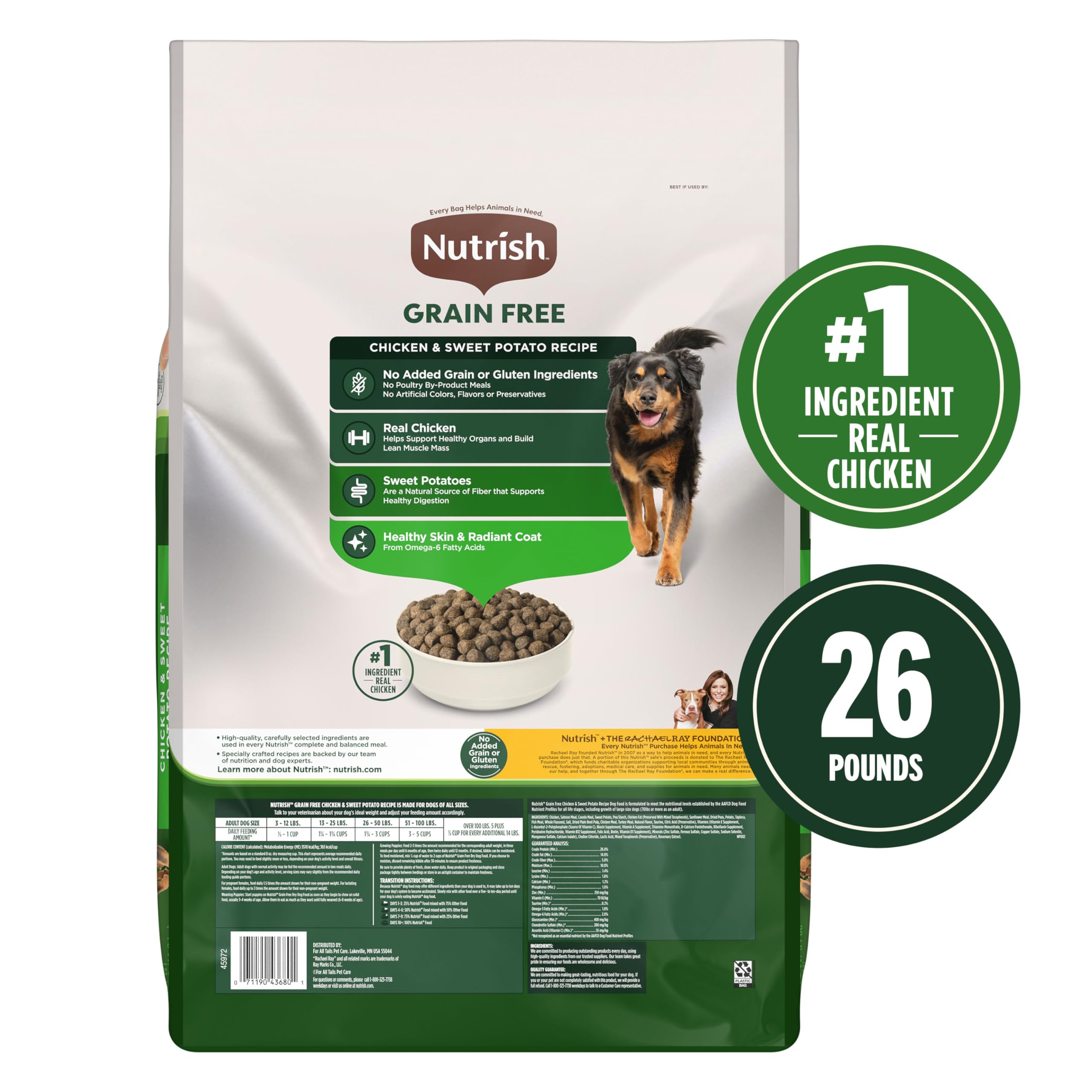 Nutrish 26lb bag side view; convenient bulk packaging for ongoing meals.