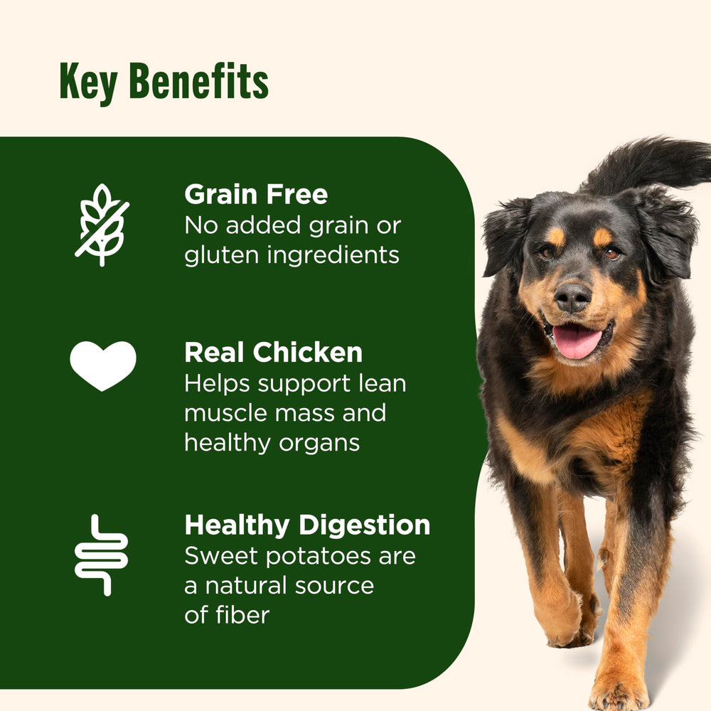 Bag label highlighting real chicken as the #1 ingredient and sweet potatoes