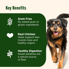 Bag label highlighting real chicken as the #1 ingredient and sweet potatoes