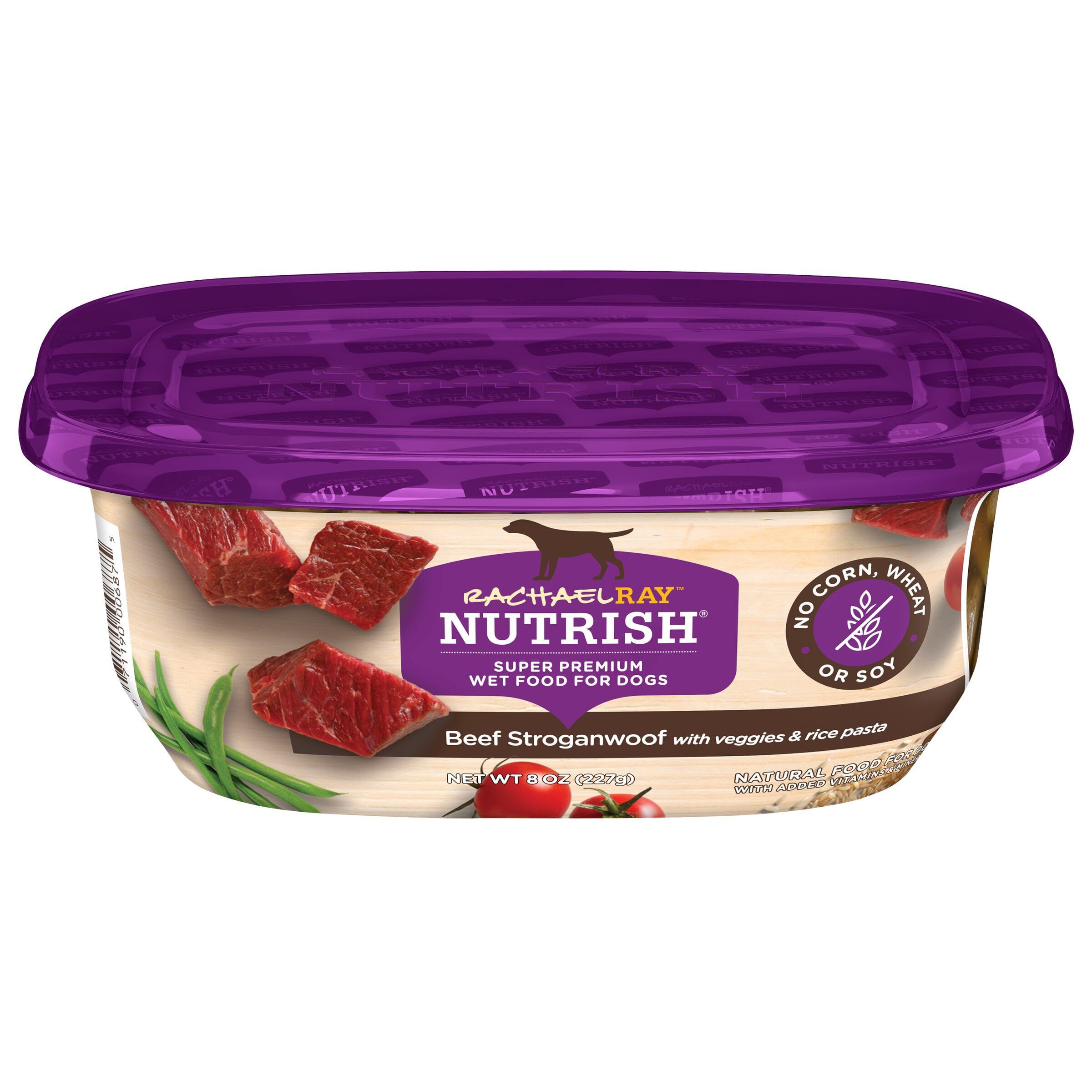 Nutrish Beef Stroganwoof tub closeup shows tender beef morsels.