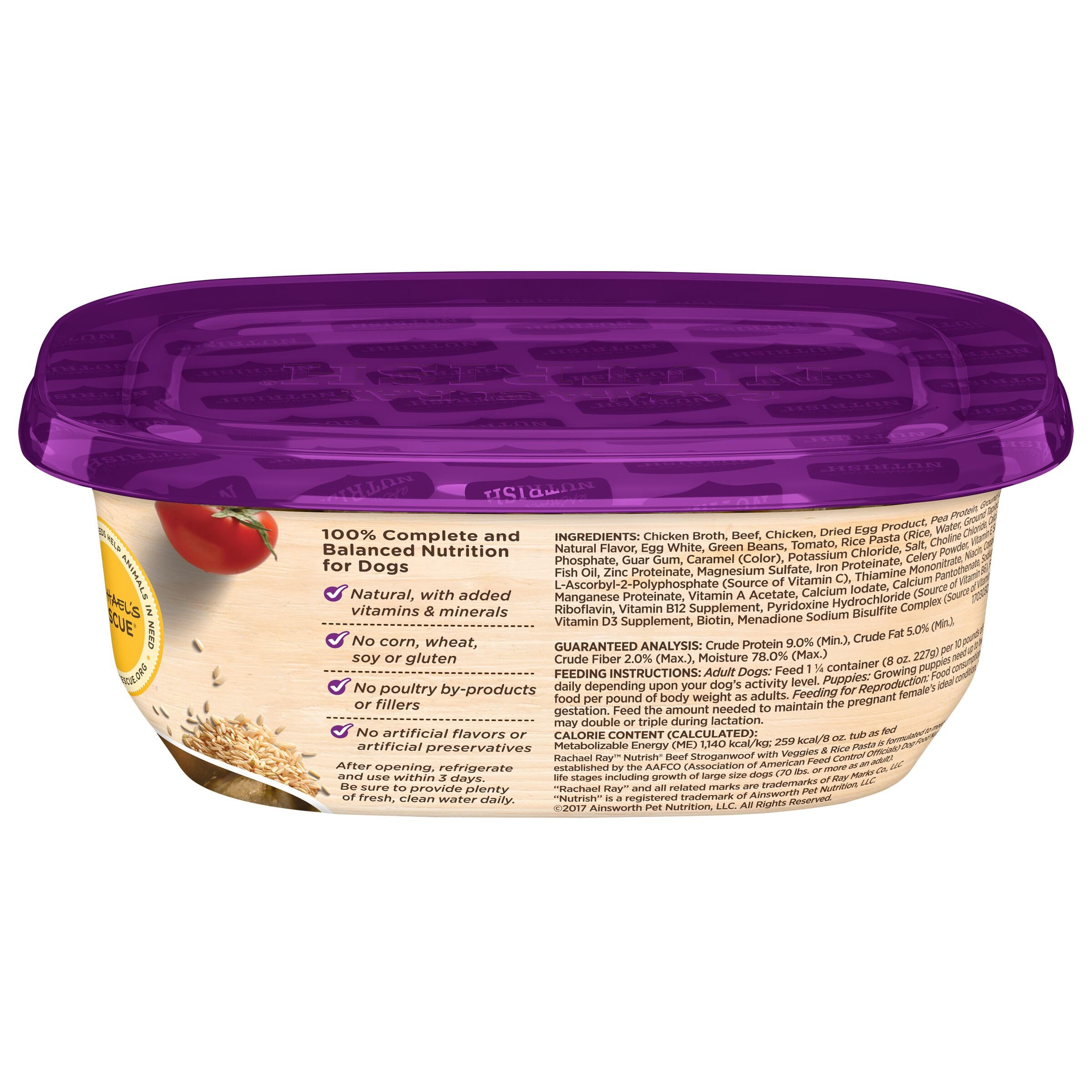 Nutrish Beef Stroganwoof tub highlights green beans, tomatoes, and pasta.