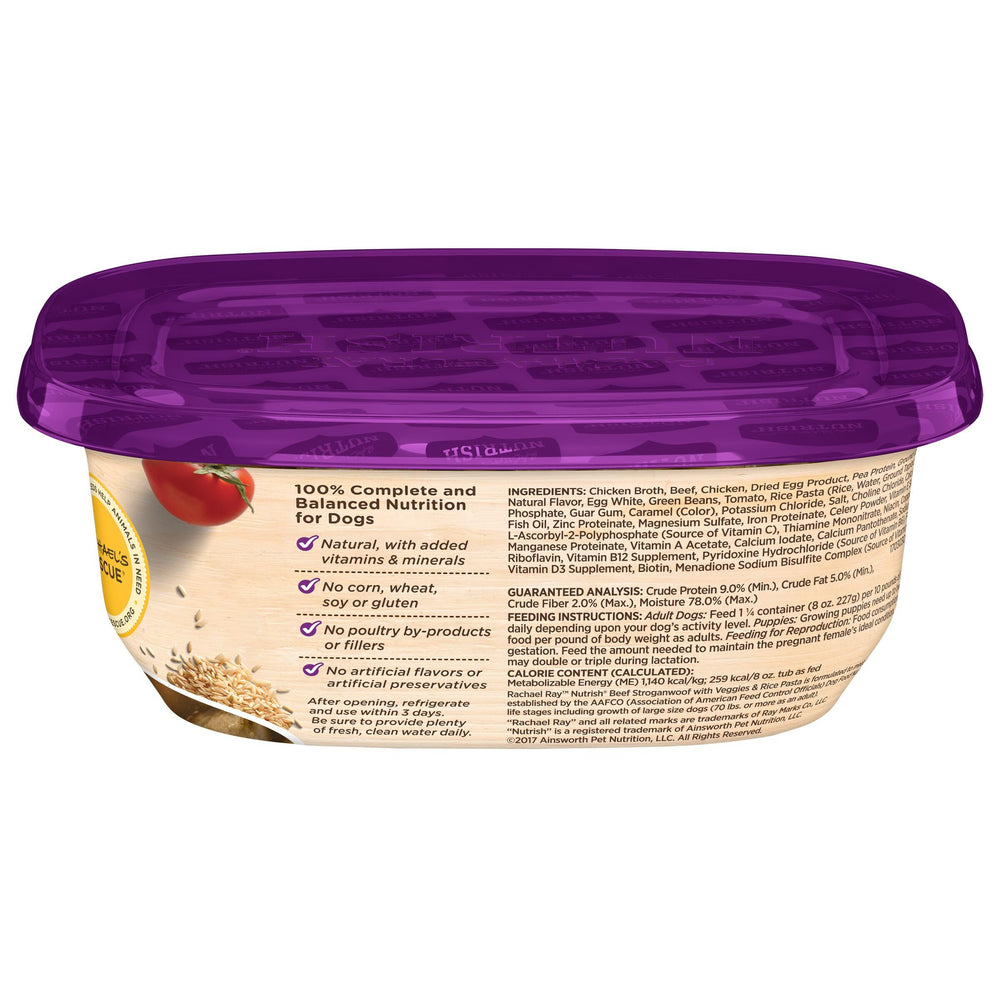 Nutrish Beef Stroganwoof tub highlights green beans, tomatoes, and pasta.