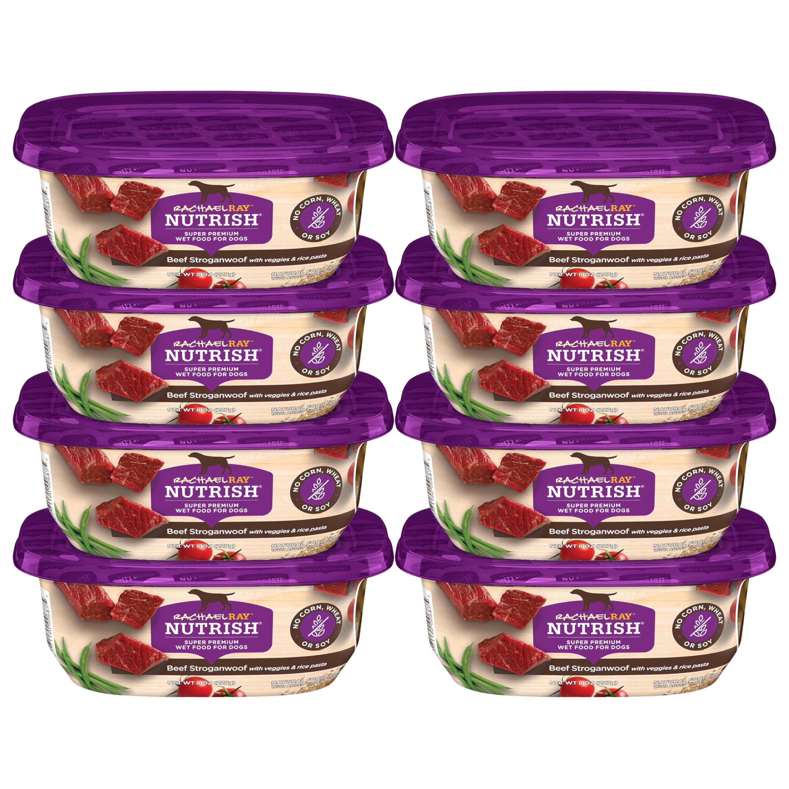 Nutrish Beef Stroganwoof tubs pack with eight 8-ounce portions for easy meals.