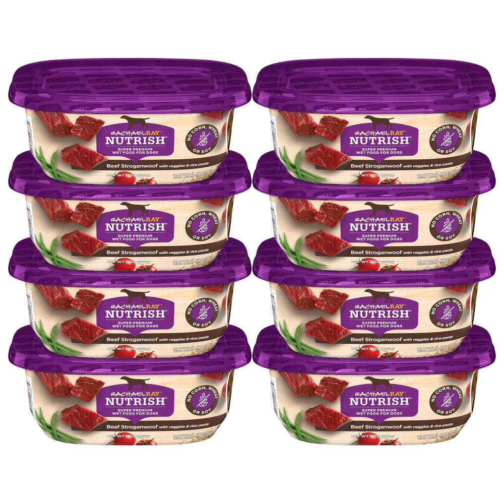 Nutrish Beef Stroganwoof tubs pack with eight 8-ounce portions for easy meals.