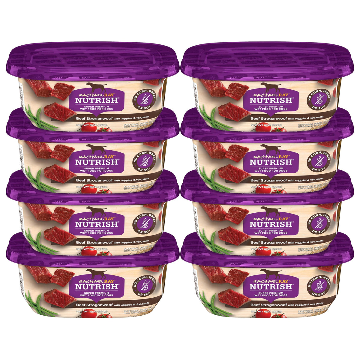 Nutrish Beef Stroganwoof tubs pack with eight 8-ounce portions for easy meals.