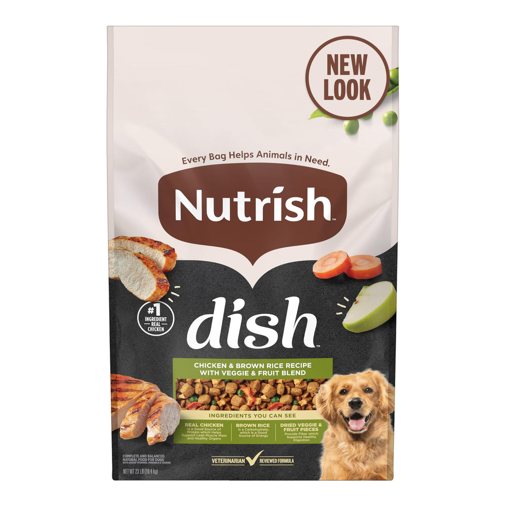 Nutrish Dish chicken brown rice chunks in bowl; protein-rich texture dogs love