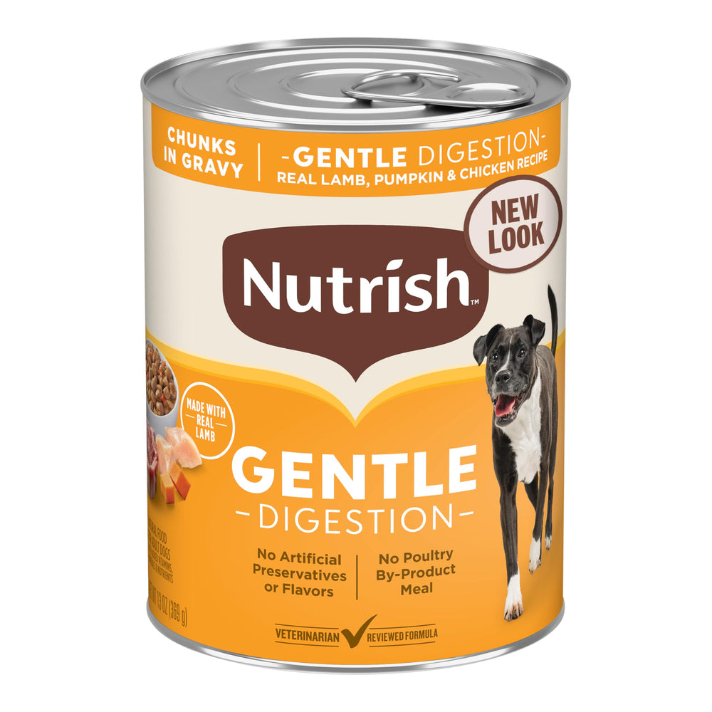Nutrish Gentle Digestion pumpkin chunks closeup showing real veggie bits.