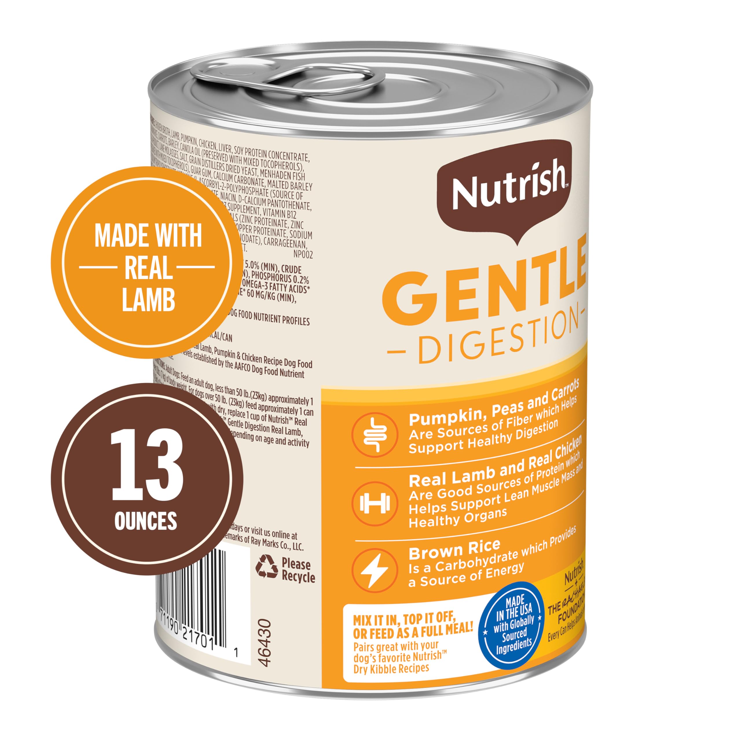 Nutrish Gentle Digestion vegetables in gravy with pumpkin, peas and carrots for fiber.