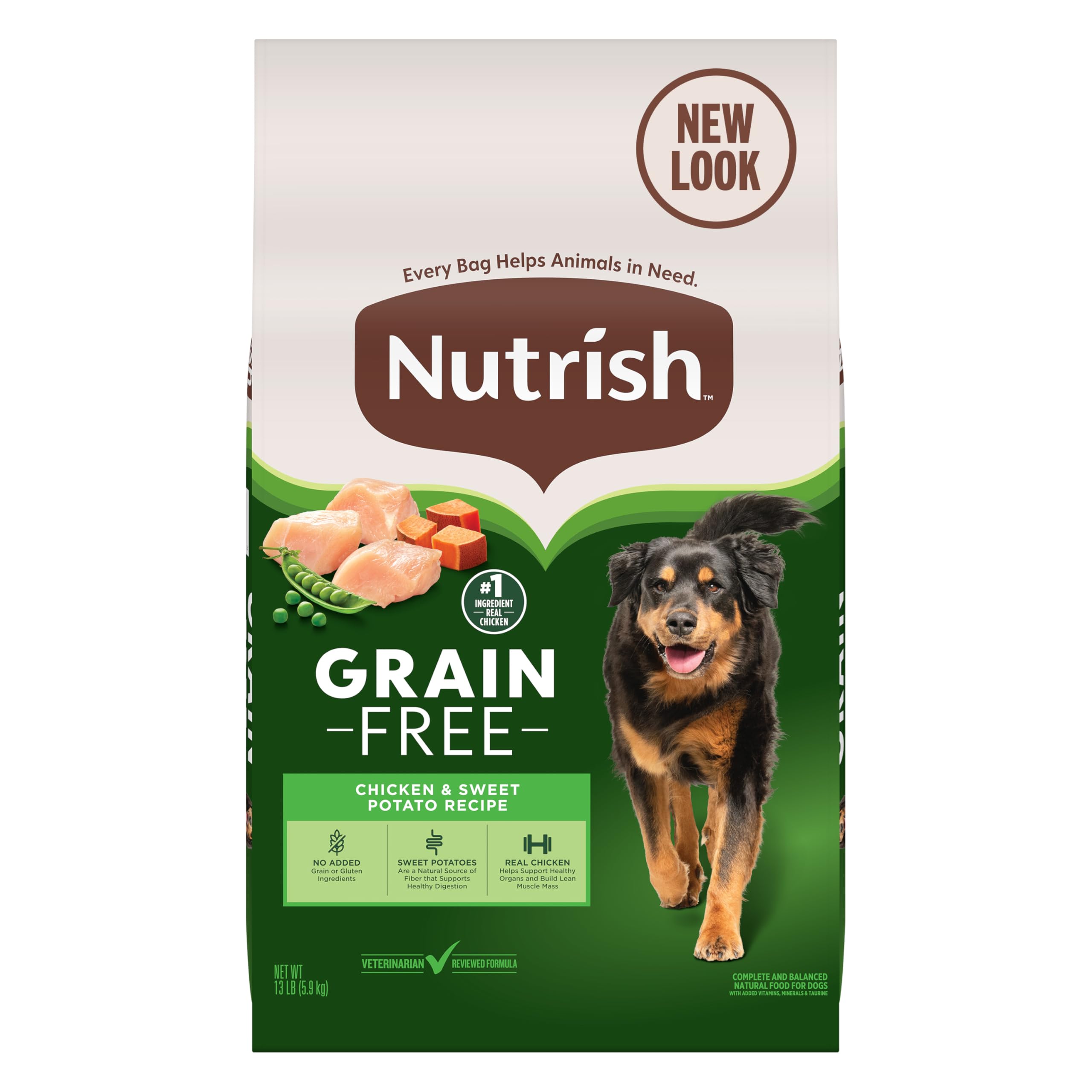 Nutrish grain-free bag showing real chicken for lean muscle support