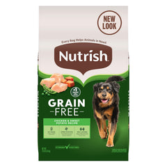 Nutrish grain-free bag showing real chicken for lean muscle support