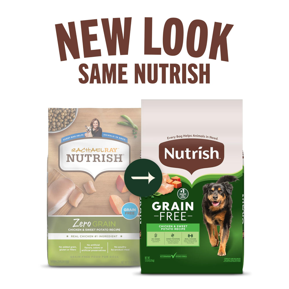 Kibble in a bowl highlighting grain-free recipe and fiber from sweet potatoes