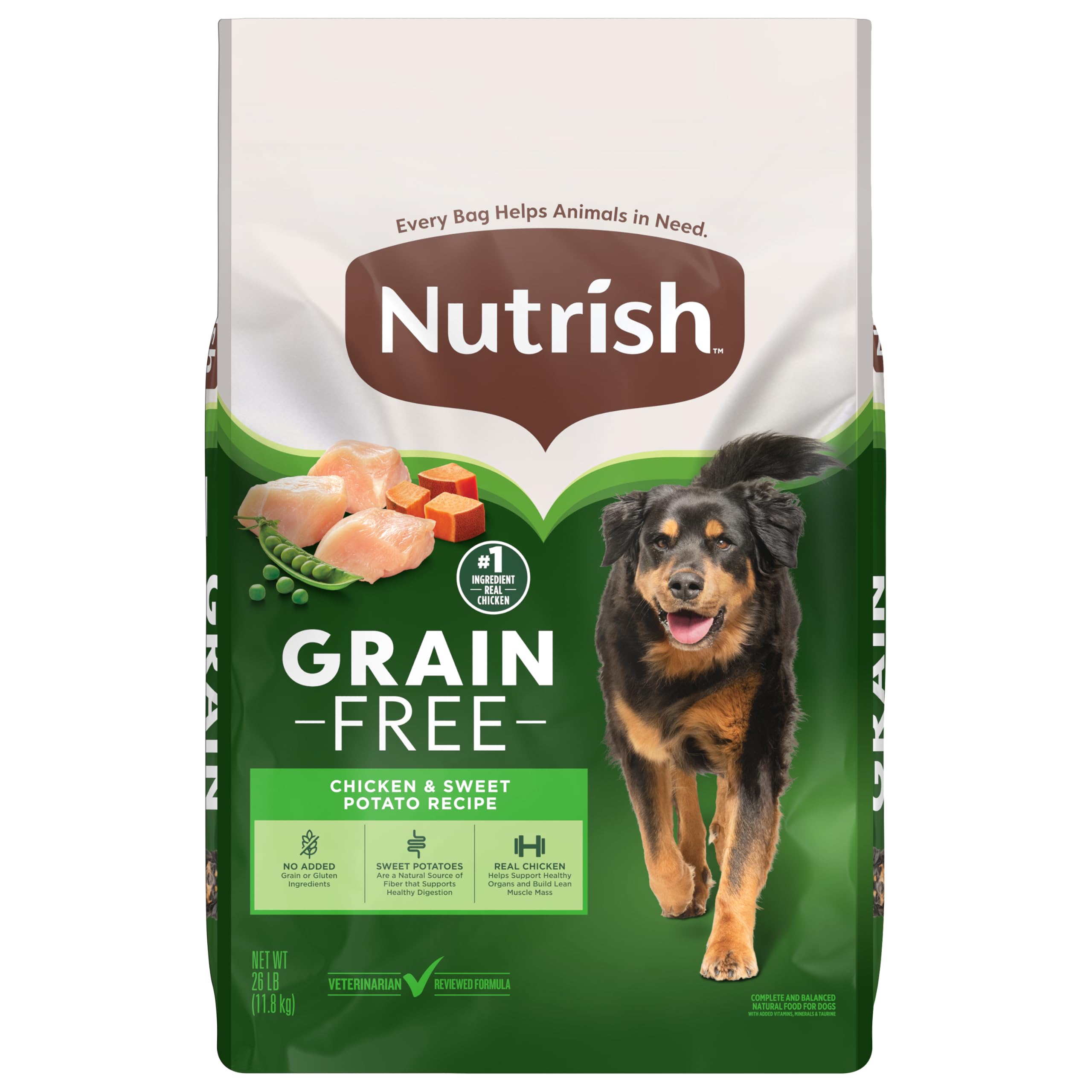 Nutrish Grain Free Dry Dog Food bag front; real chicken supports lean muscles.