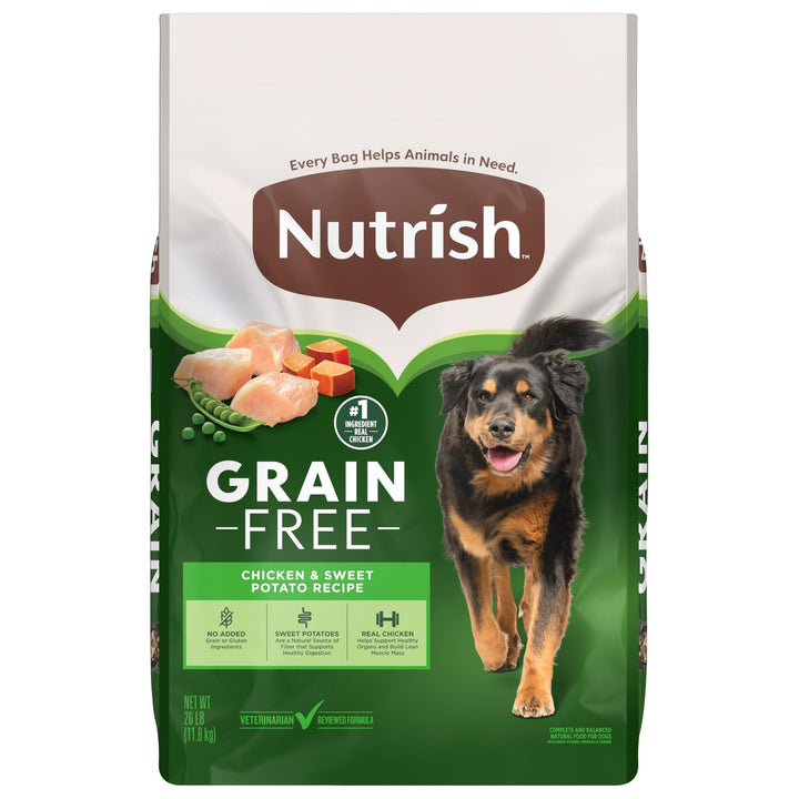 Nutrish Grain Free Dry Dog Food bag front; real chicken supports lean muscles.