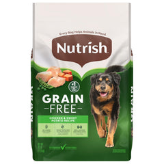 Nutrish Grain Free Dry Dog Food bag front; real chicken supports lean muscles.