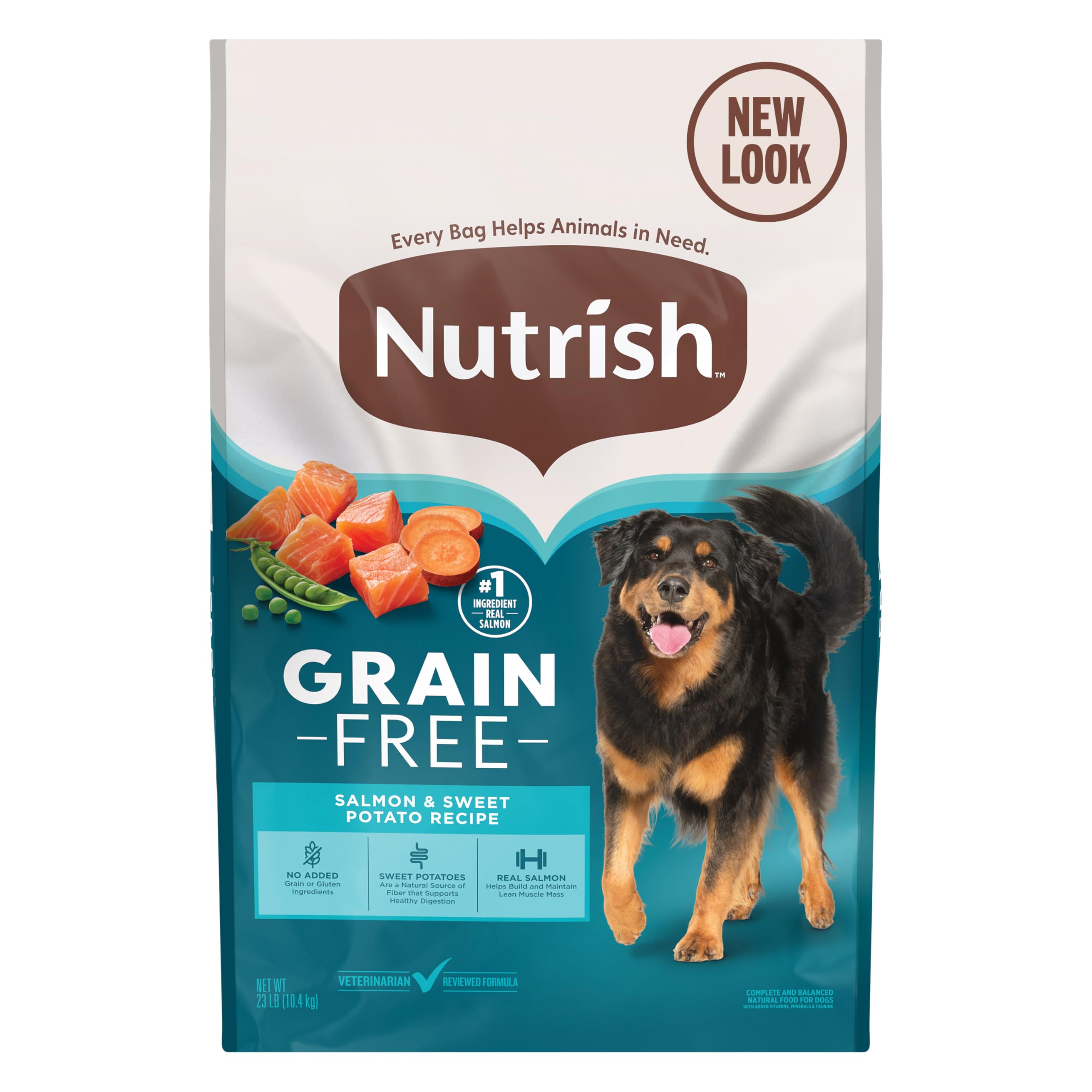 Nutrish grain-free salmon and sweet potato bag in 23 lb size for ongoing meals