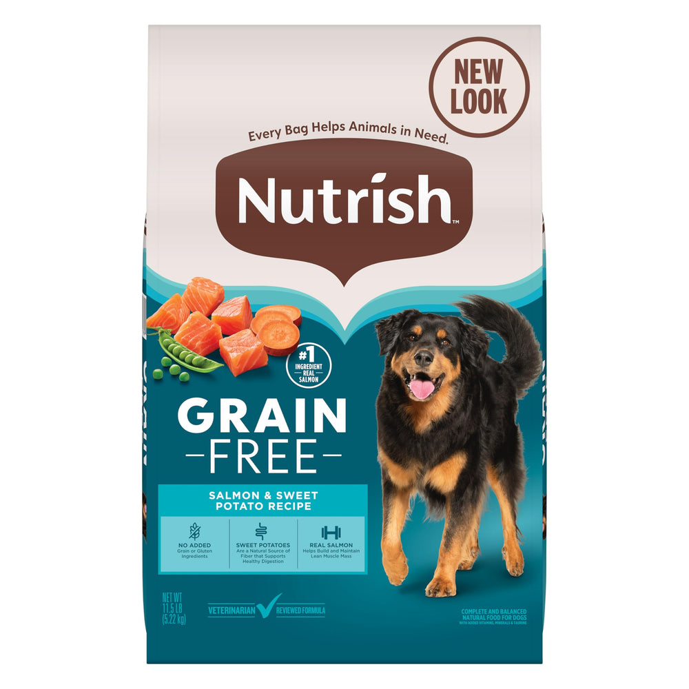 Nutrish grain-free salmon and sweet potato dry dog food bag for dogs of all sizes.