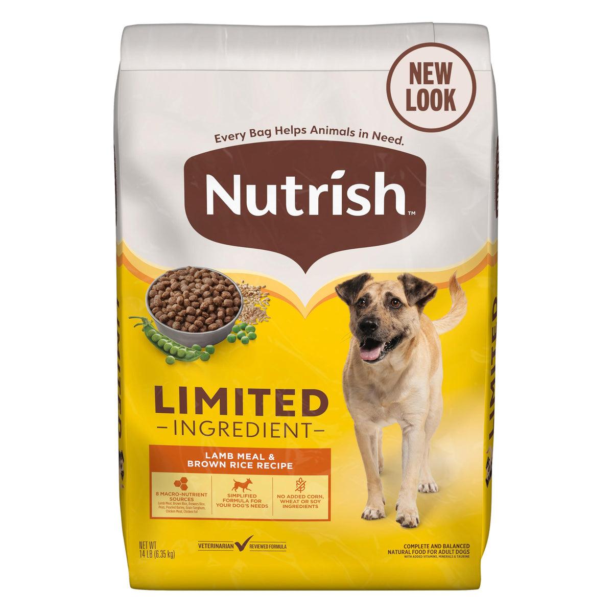 Nutrish lamb meal and brown rice bag showing 14 lb size for easy feeding