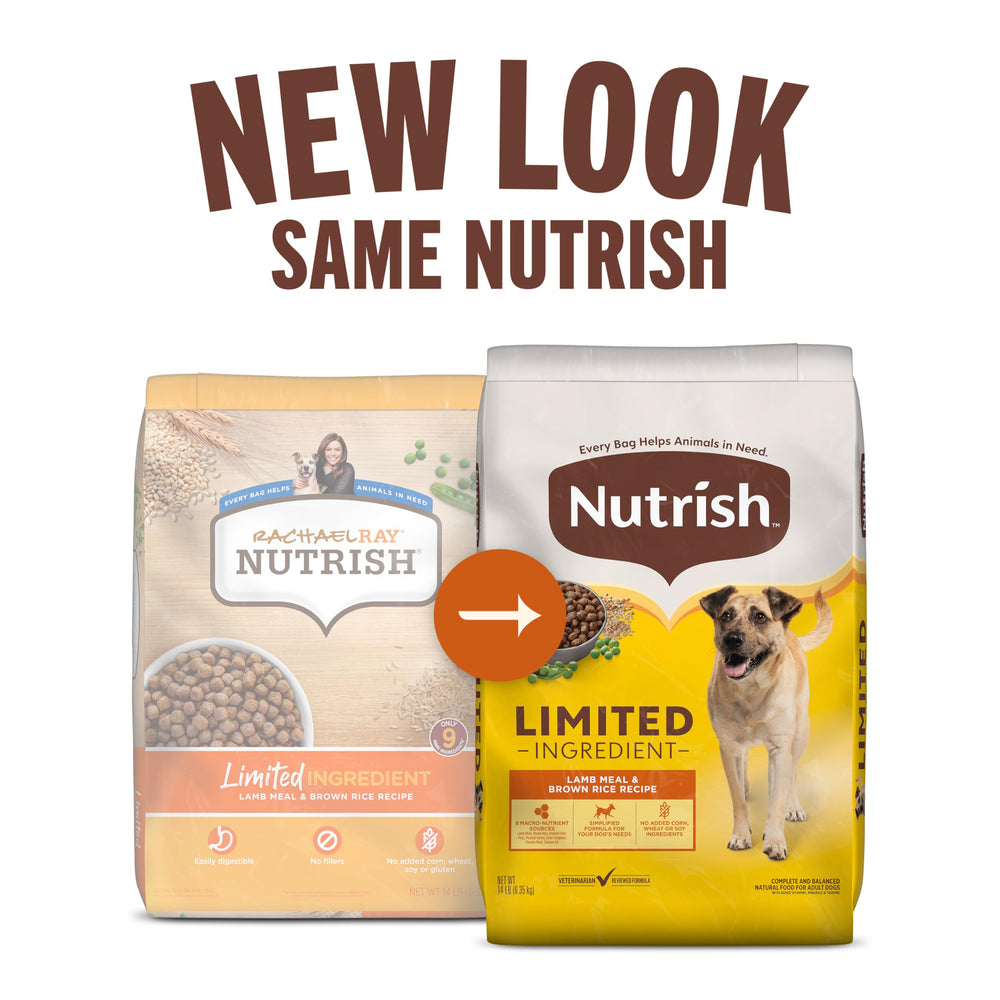 Nutrish lamb meal and brown rice ingredients close-up highlighting eight macro sources