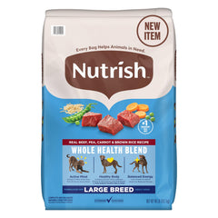Nutrish Large Breed beef recipe bag showing real beef and ingredients for lean muscles