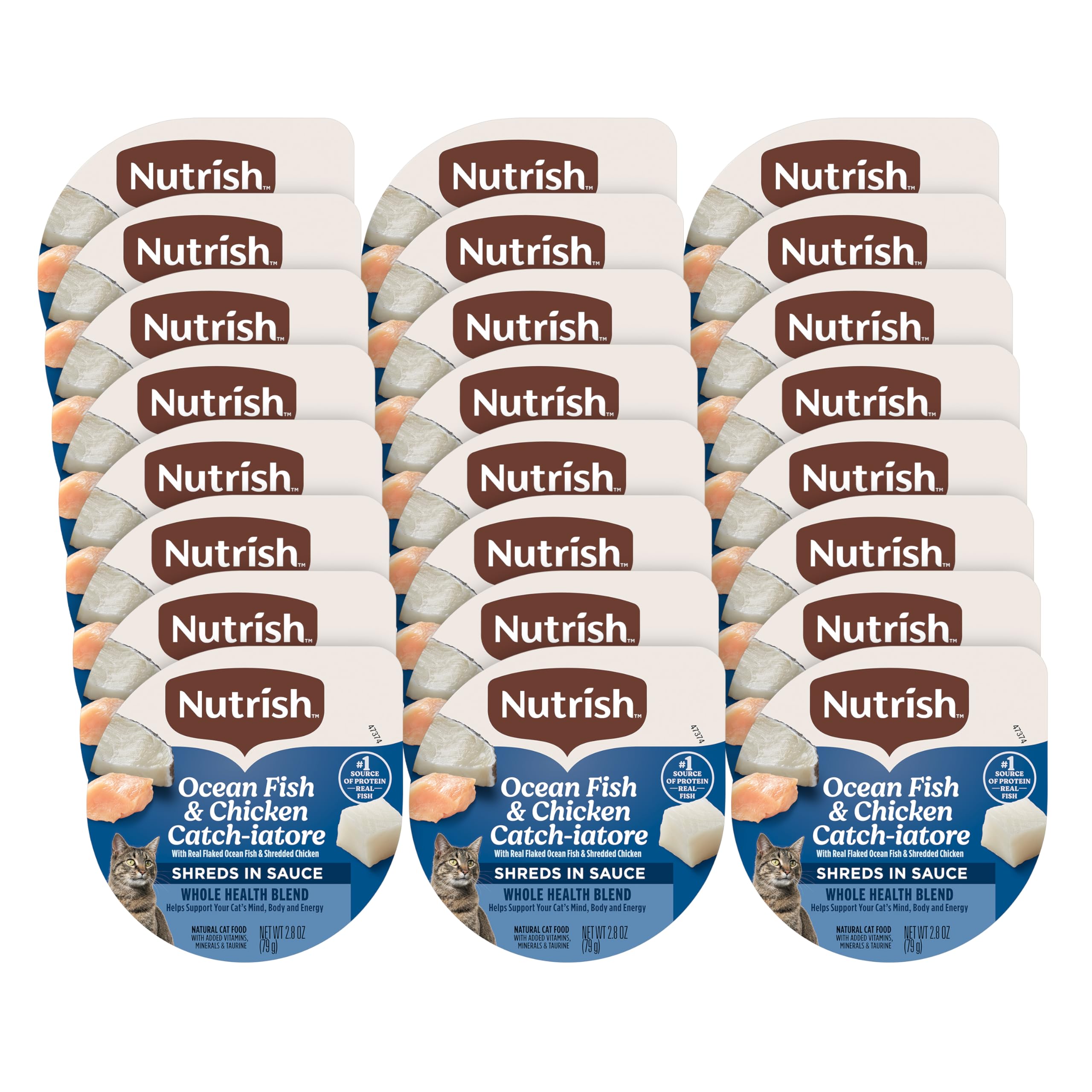 Nutrish Ocean Fish & Chicken Catch-iatore pack of 24 tubs ready for daily meals.
