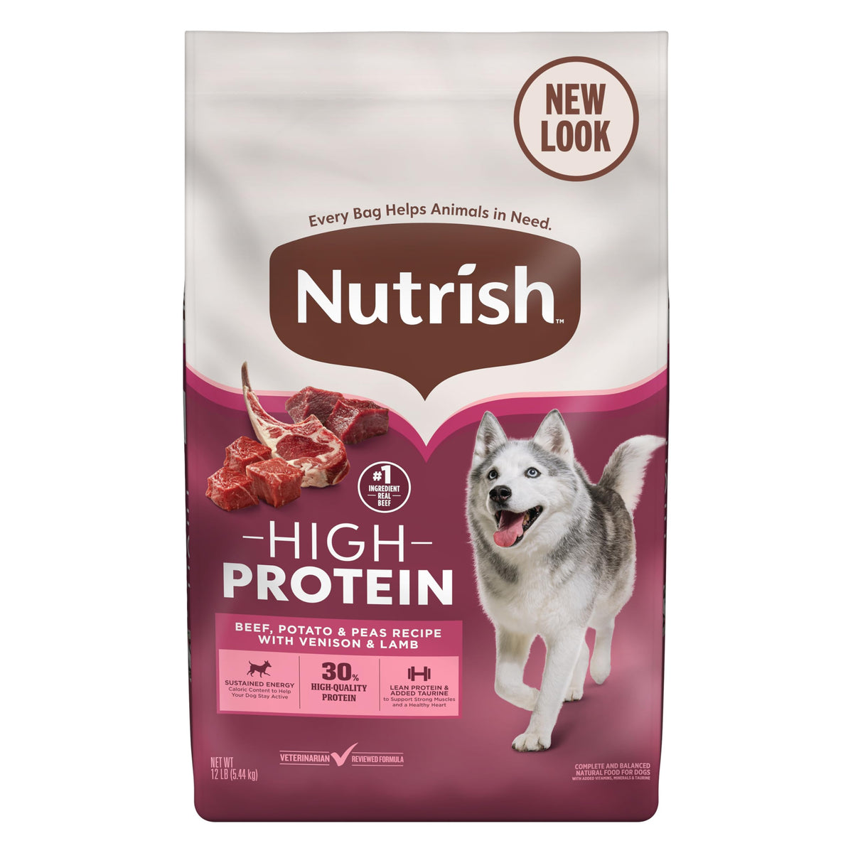 Nutrish Peak Open Prairie beef-venison-lamb kibble bag for lean muscle.