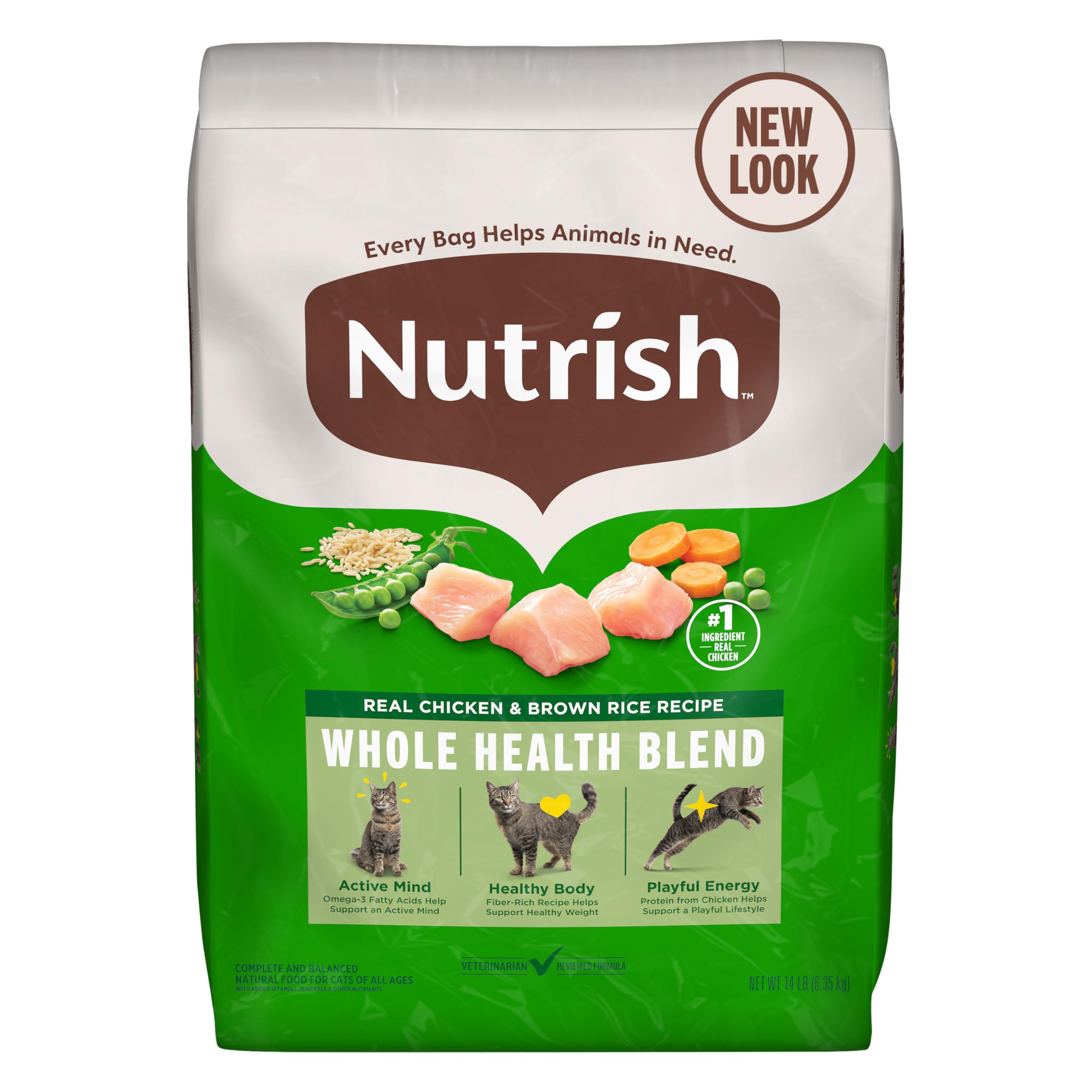 Nutrish premium dry cat food bag with real chicken and brown rice for balanced meals