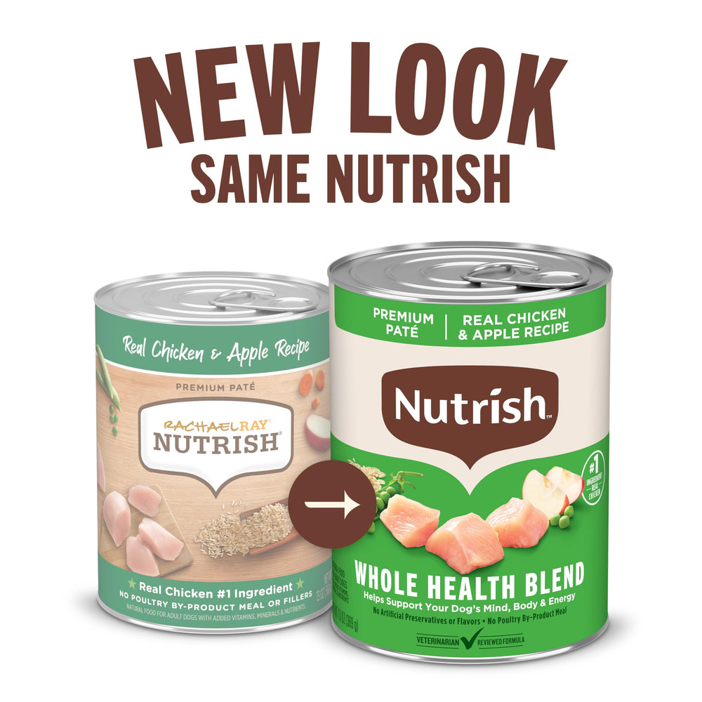 Nutrish Paté highlights apple and brown rice ingredients for balanced nutrition.