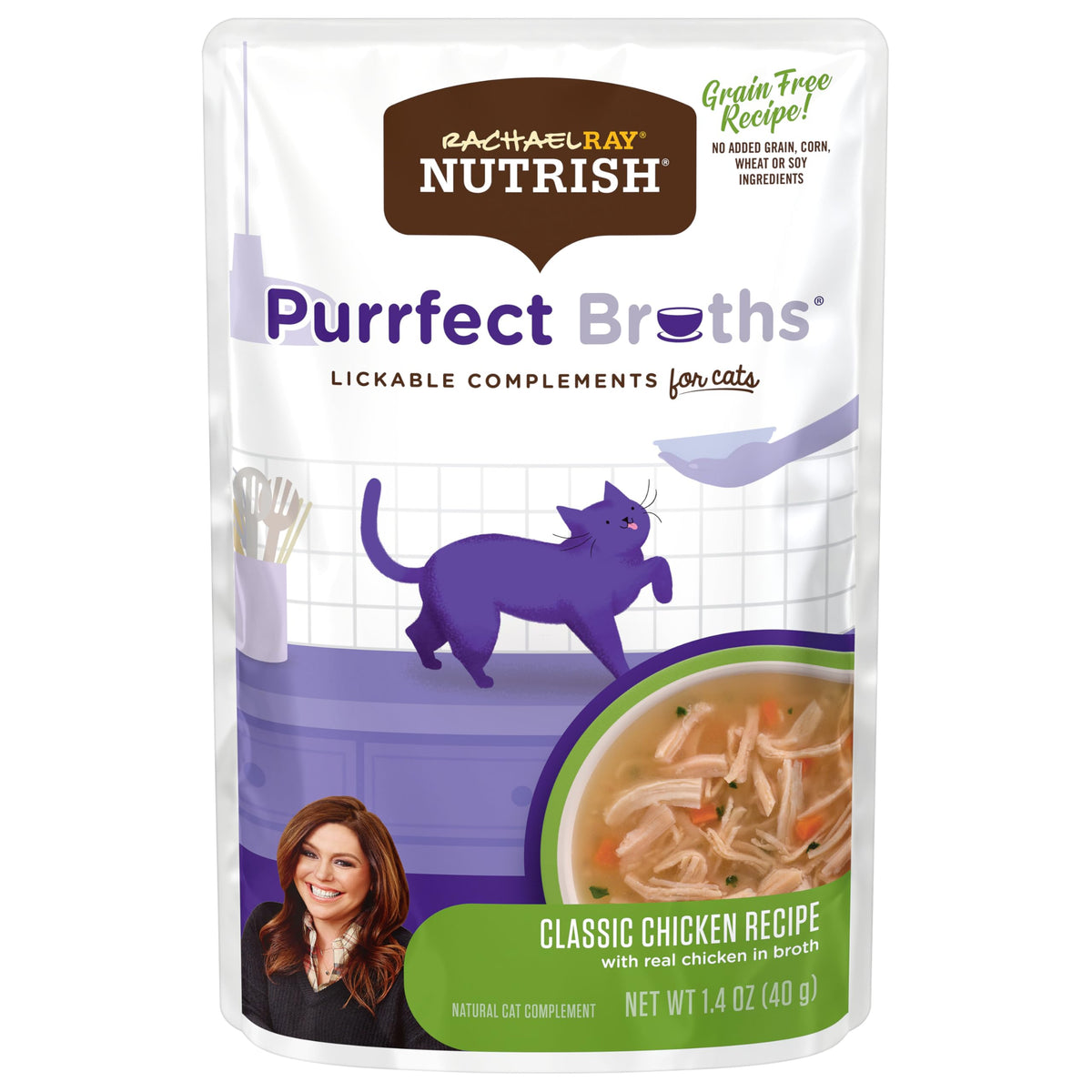 Nutrish Purrfect Broths lickable pouch with chicken, ideal topper for dry cat food.