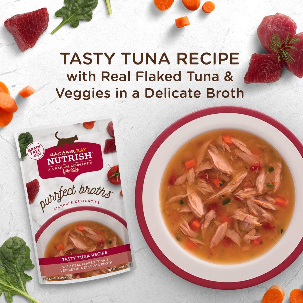 Nutrish Purrfect Broths served in a bowl with tuna flakes and veggies