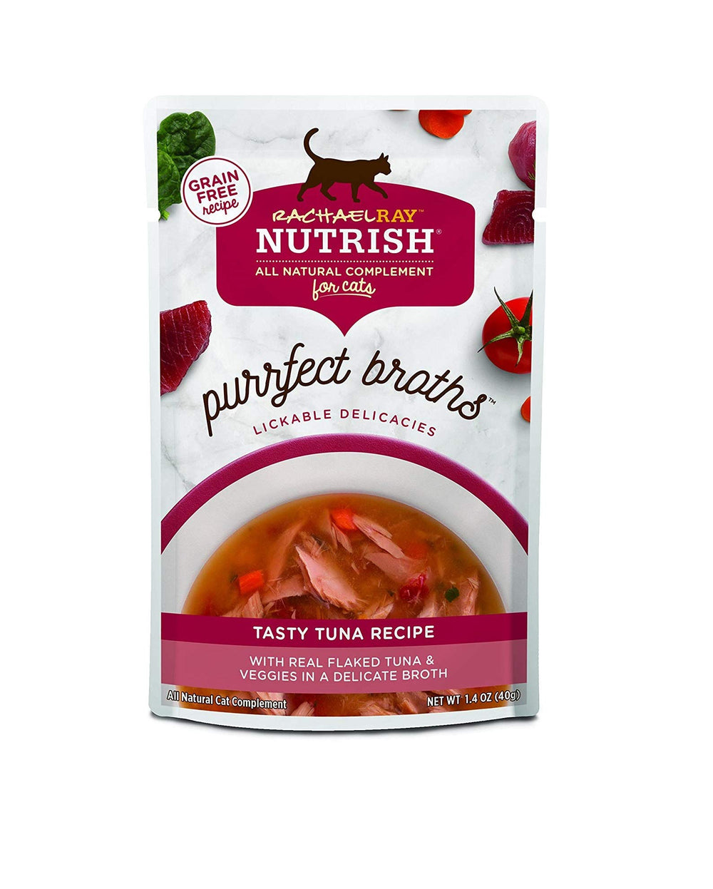 Nutrish Purrfect Broths tuna pouch open with real tuna and broth for hydration