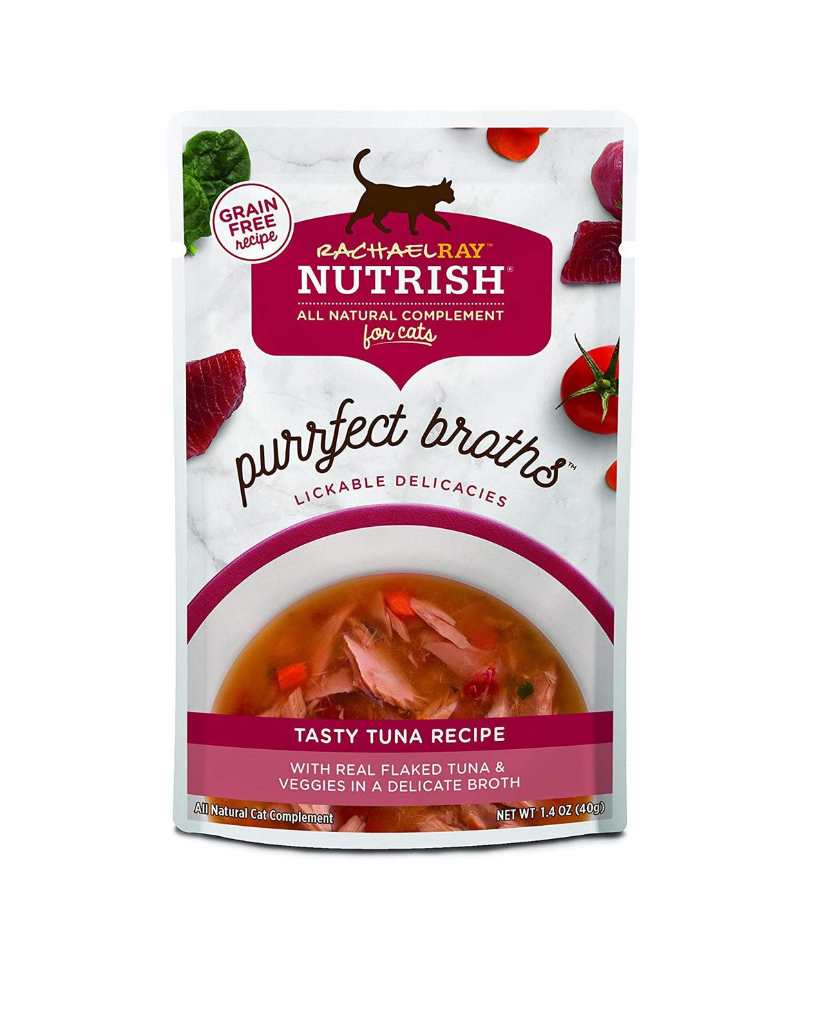 Nutrish Purrfect Broths tuna pouch open with real tuna and broth for hydration