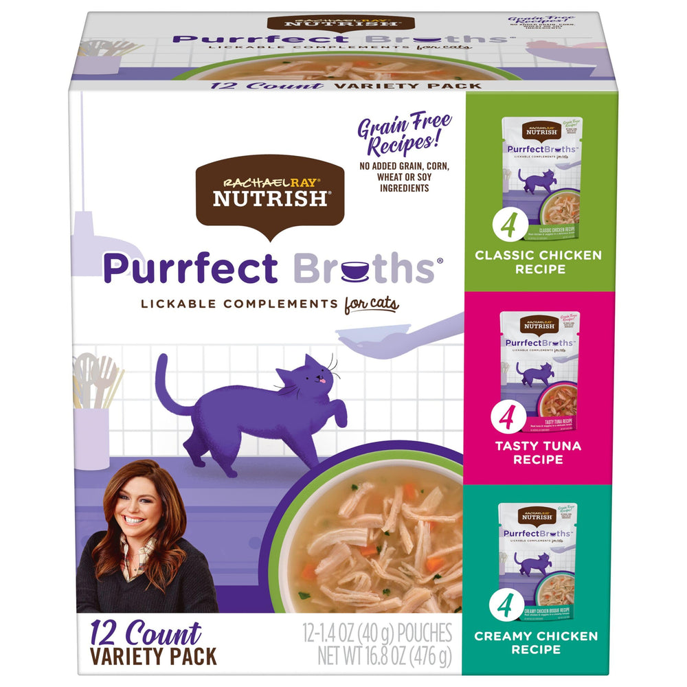 Nutrish Purrfect Broths variety pack packshot with 24 pouches for versatile feeding options
